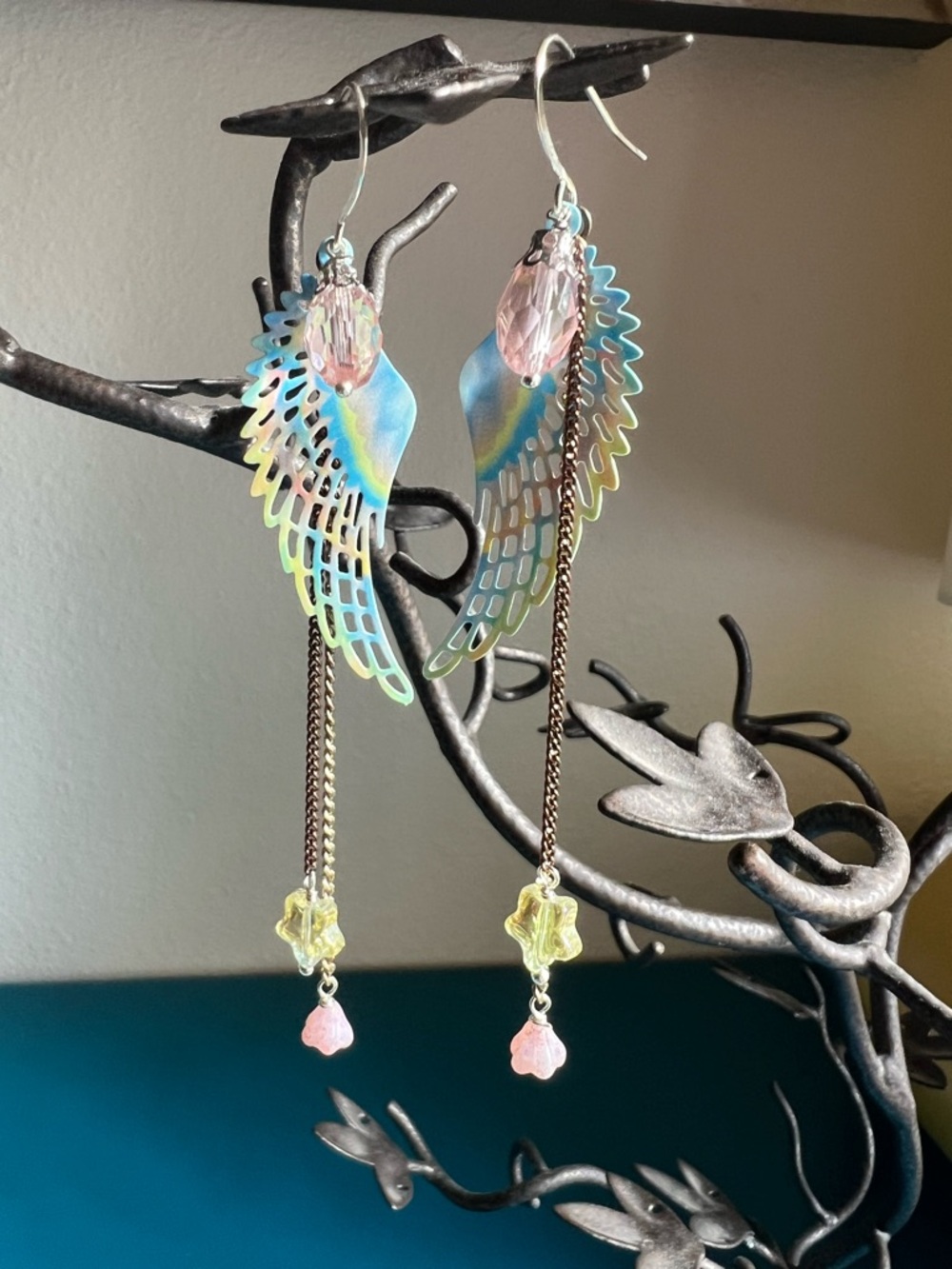 Handmade fairy wing drop earrings pastel colors